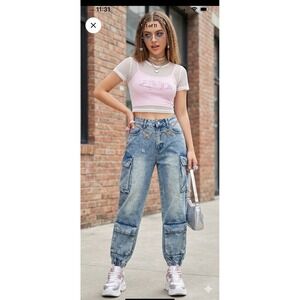 Y2K Baggy Cargo Jeans Women Medium Acid Wash Grunge Streetwear Utility Kréamy